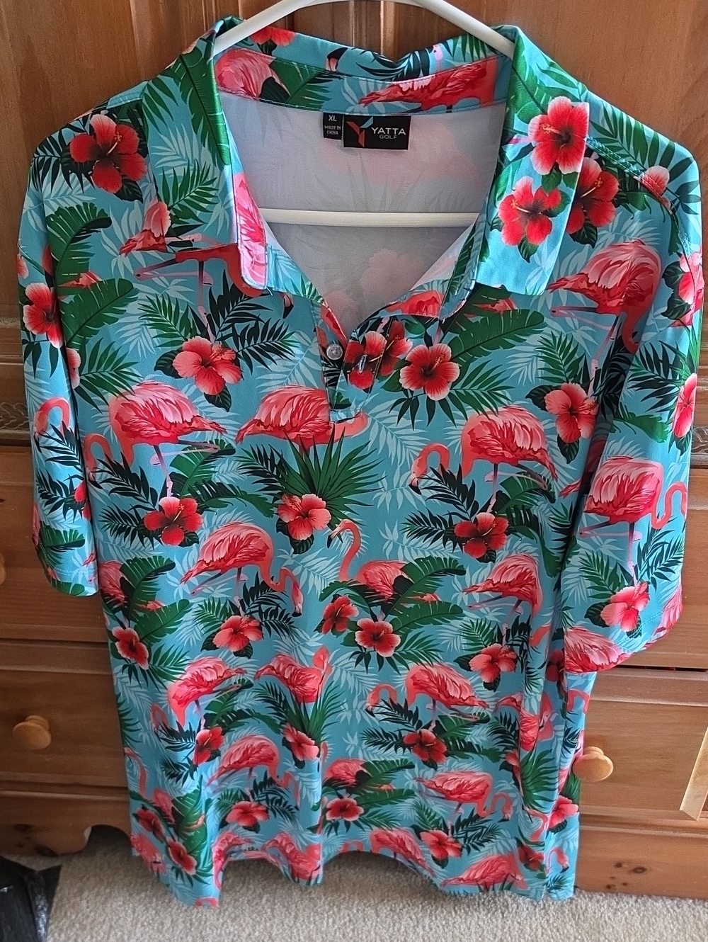 Yatta Women’s Aqua Button-Down Shirt with Pink Flamingo Print
